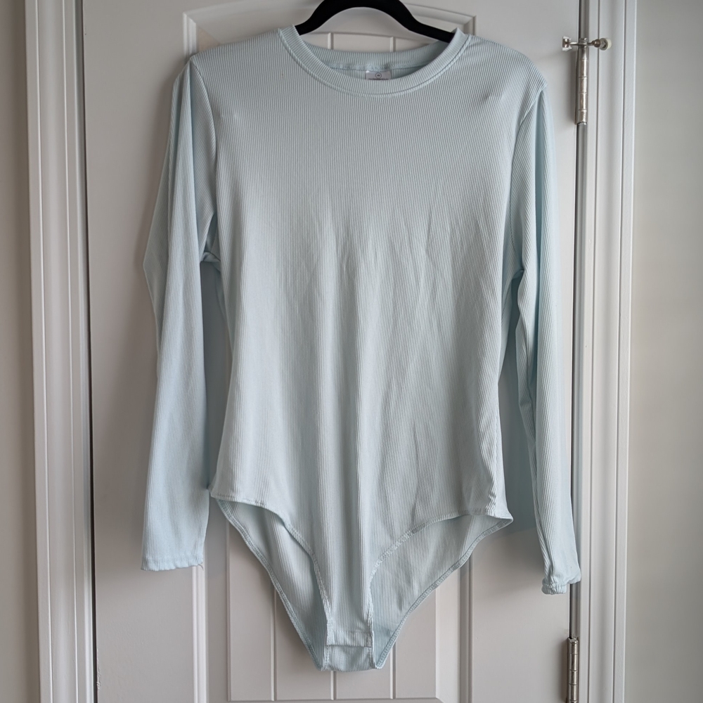RealEssentials 1x Women's Round Neck Long Sleeve Ribbed Bodysuit Shirt Top Light